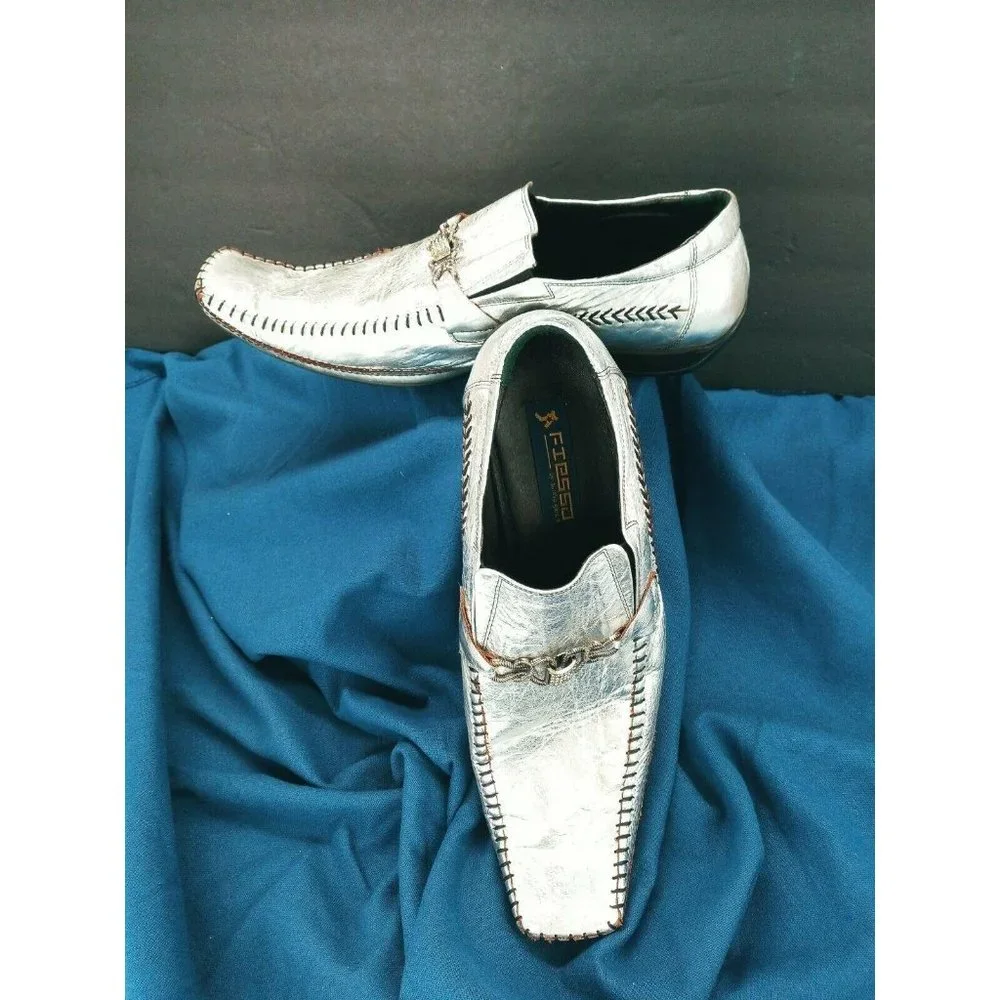 Aurelio Garcia Fiesso Square Toe Silver FI-8068 Leather Dress Loafers Men's 13 - Picture 1 of 12